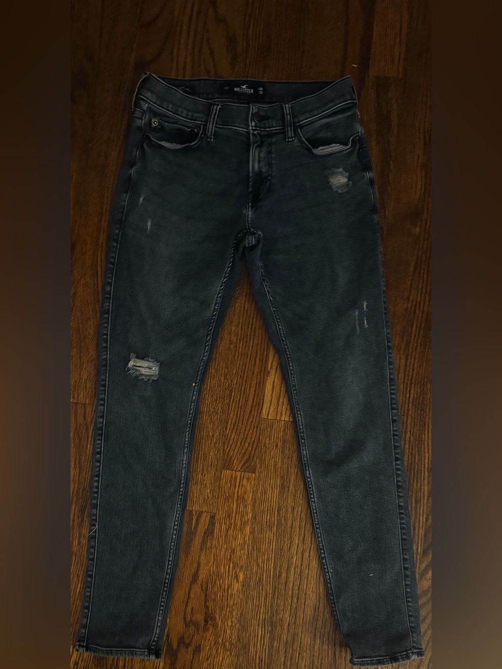 Hollister Men's Skinny Jeans in Dark Gray with Distressed Details
